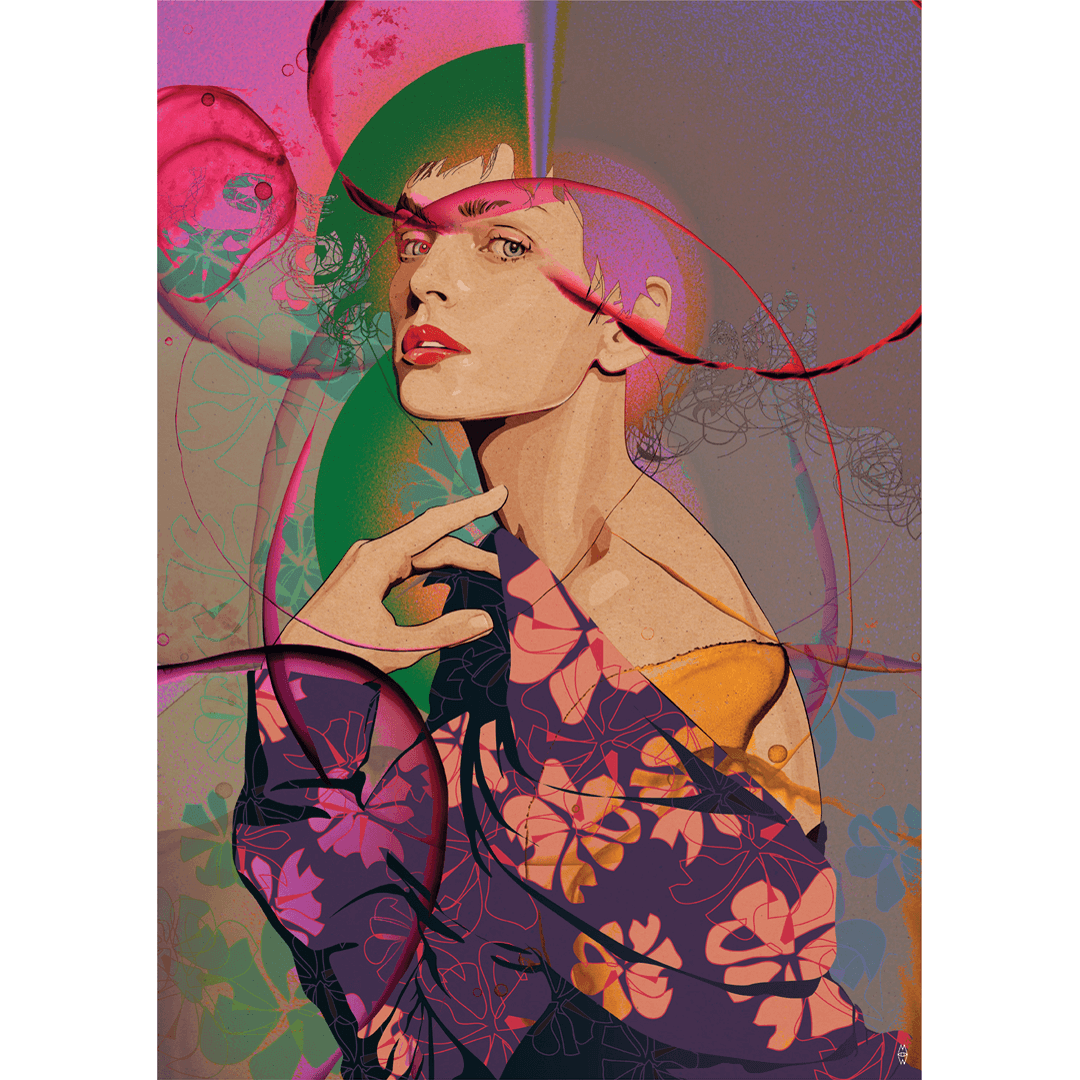 Autorska grafika Marty Wróblewskiej przedstawiająca nowoczesny portret kobiety z motywami florystycznymi i dynamicznymi liniami. Kolekcjonerska ilustracja pop-art i sztuka użytkowa MW Studio Projekt.