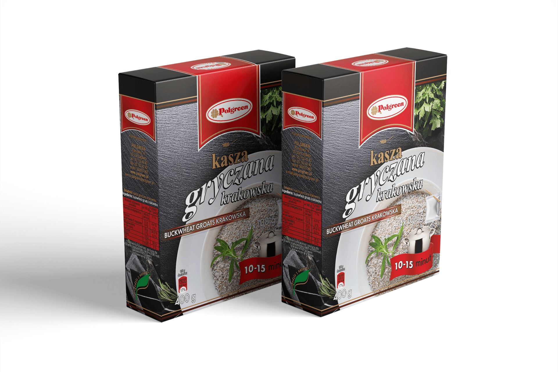 Projekt opakowania kaszy gryczanej krakowskiej marki Polgreen z nowoczesną typografią i realistyczną wizualizacją produktu.