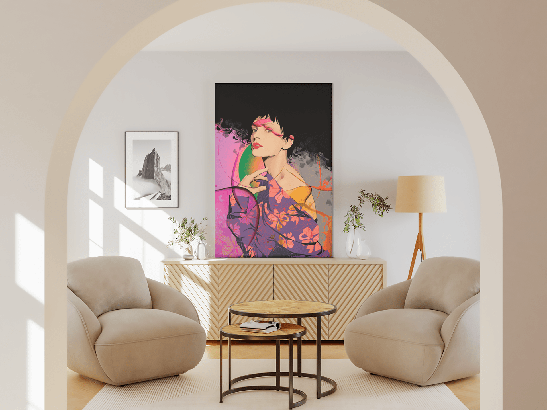 Nowoczesny salon z autorską grafiką na szkle Marty Wróblewskiej widziany przez łuk. Projektowanie wnętrz i sztuka użytkowa MW Studio Projekt