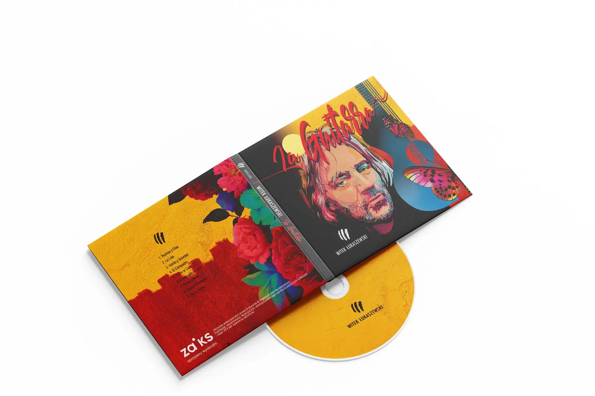 artystyczny projekt digipacku CD La Guitarra z dynamiczną ilustracją i intensywną kolorystyką