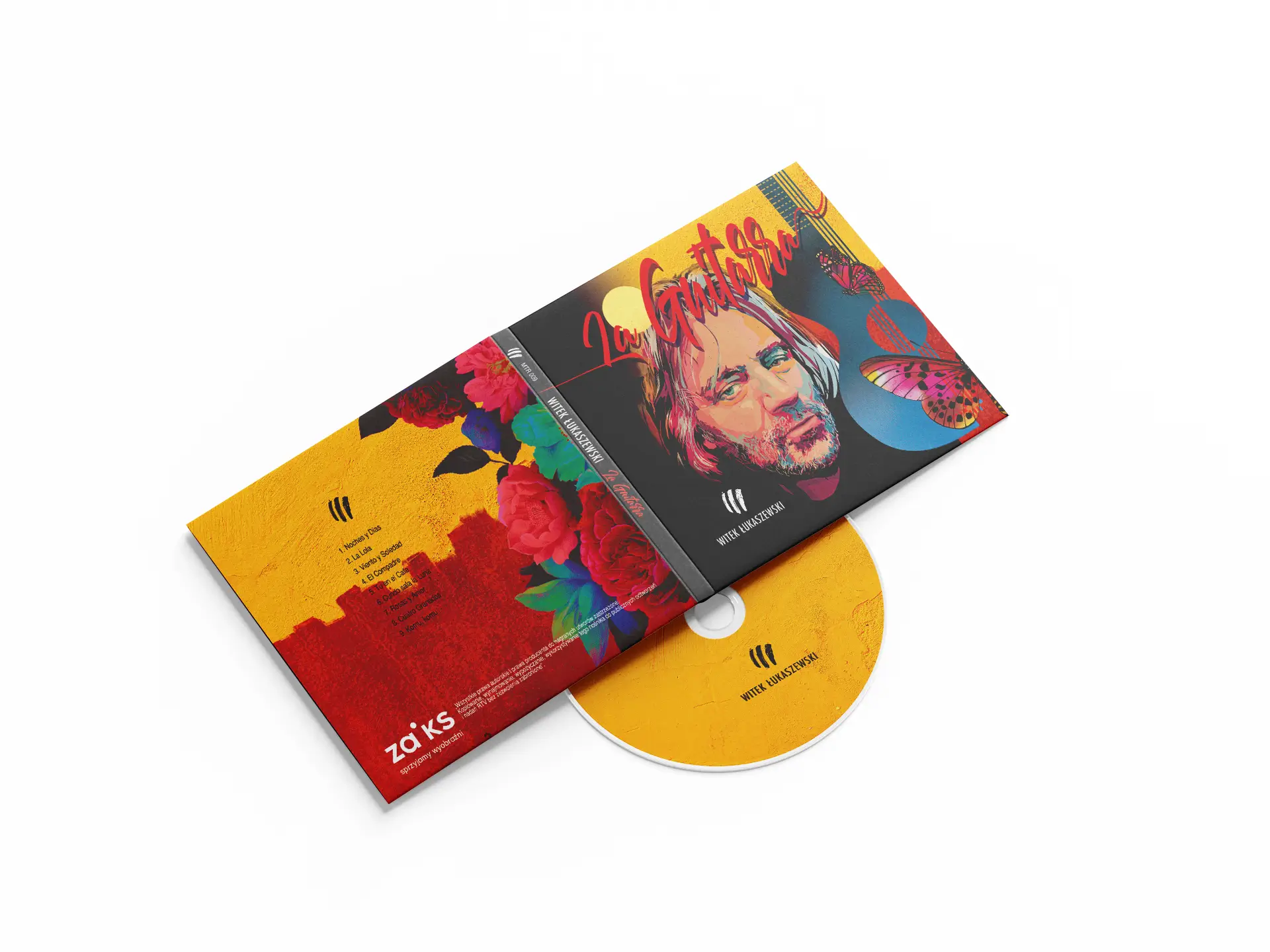 artystyczny projekt digipacku CD La Guitarra z dynamiczną ilustracją i intensywną kolorystyką