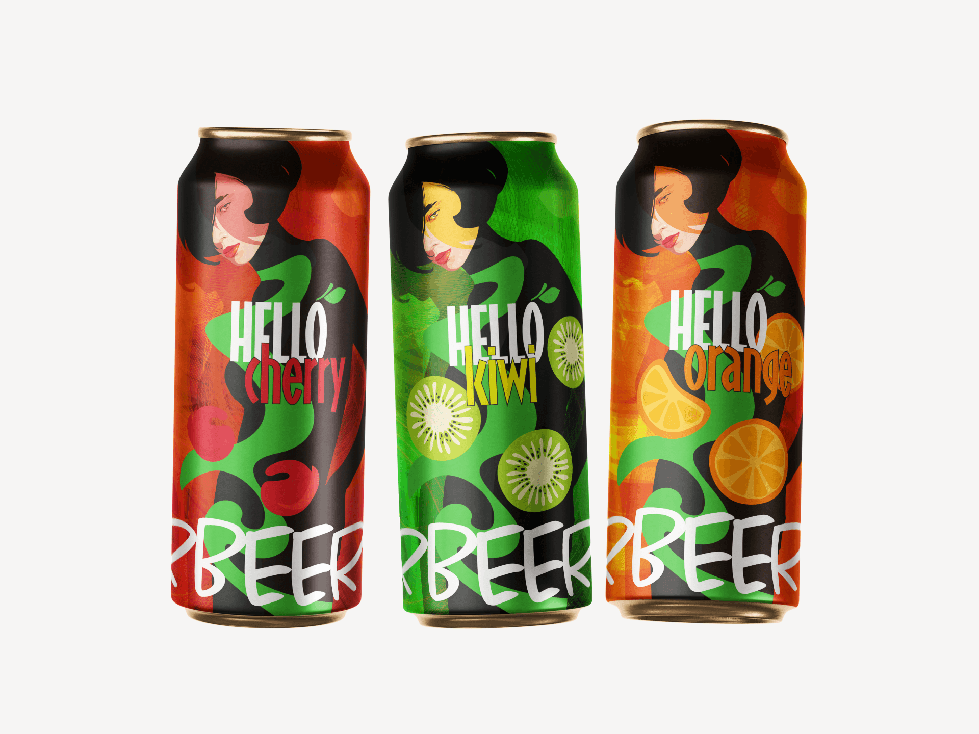 Kompleksowy projekt serii opakowań piwa Hello – Cherry, Kiwi i Orange. Profesjonalny branding napojów rzemieślniczych od MW Studio Projekt.