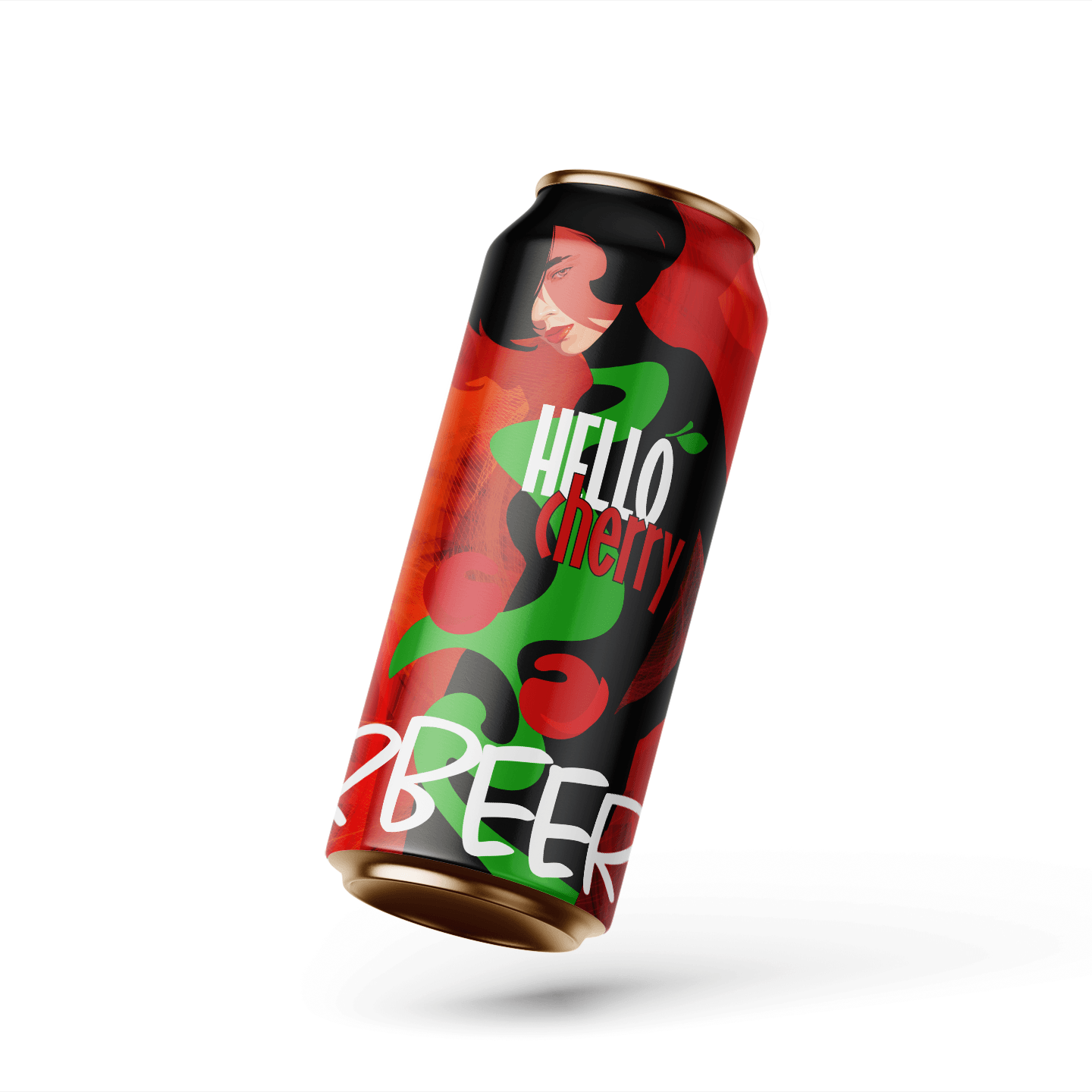 Projekt puszki piwa smakowego Hello Cherry – autorska ilustracja postaci w czerwonej tonacji i nowoczesny branding od MW Studio Projekt.
