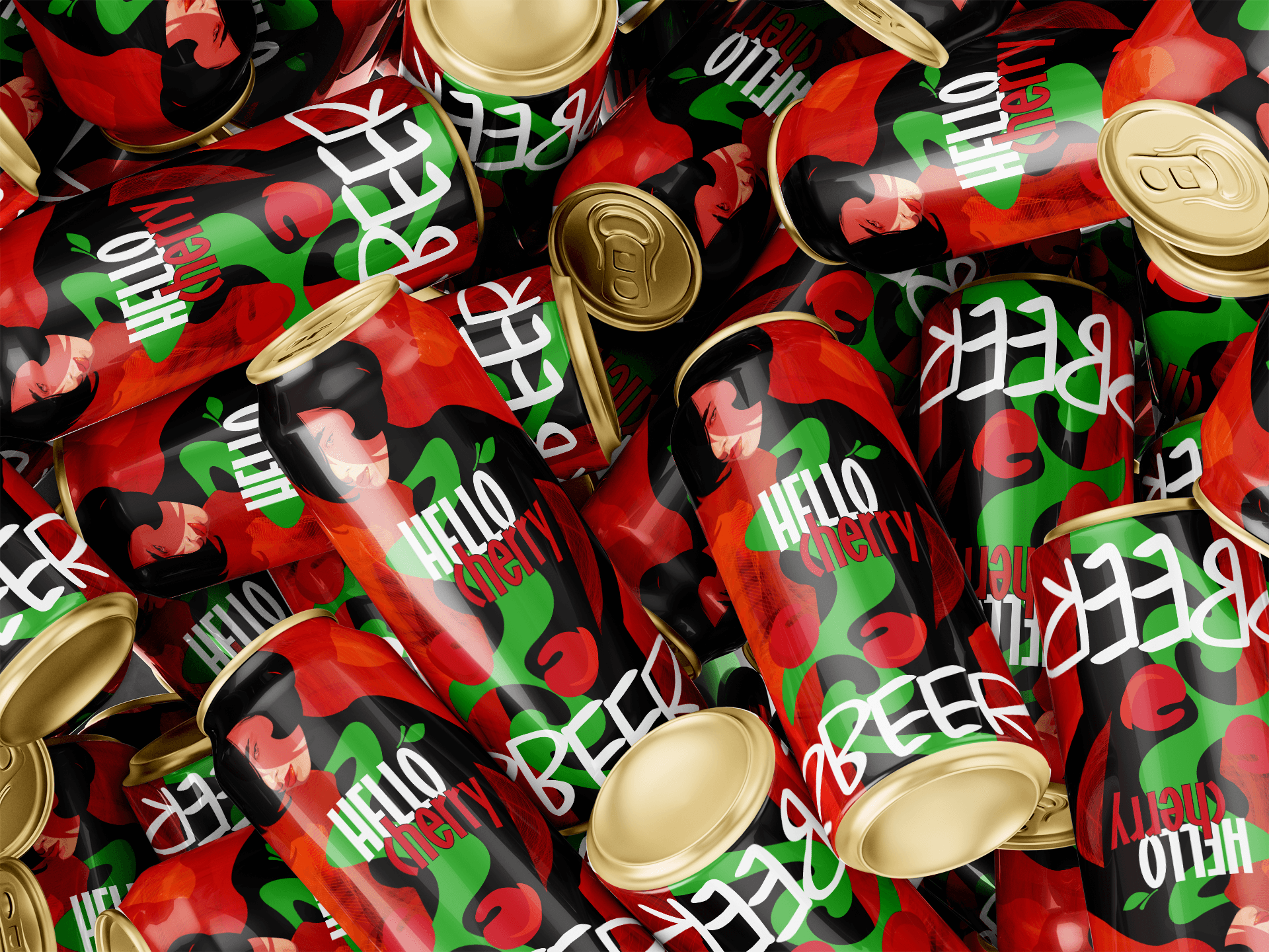 Dynamiczna prezentacja puszek piwa Hello Cherry – projekt opakowania 360 stopni z autorską ilustracją i ekspresyjną typografią od MW Studio Projekt.
