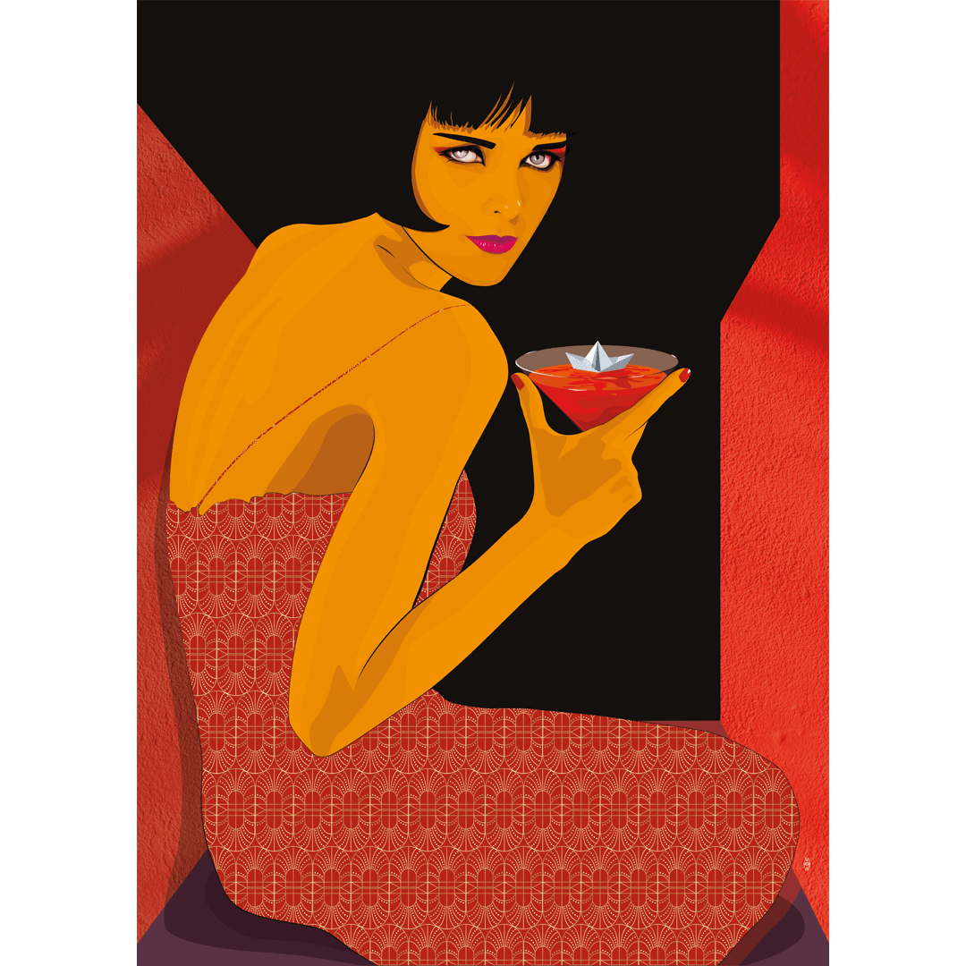 Autorska ilustracja Marty Wróblewskiej – kobieta w czerwonej sukni z koktajlem i papierową łodzią. Nowoczesna grafika kolekcjonerska i plakat artystyczny MW Studio Projekt