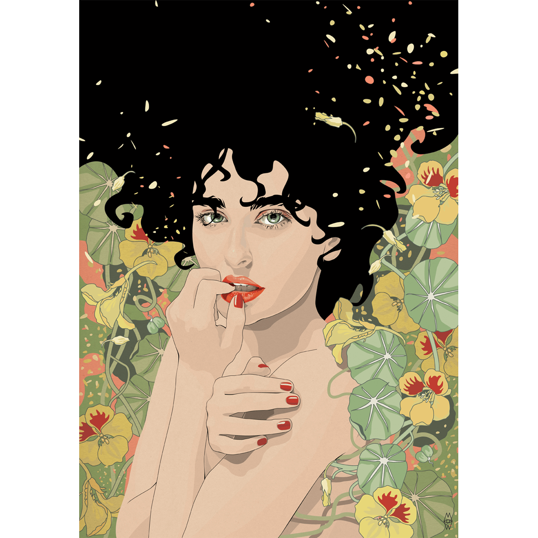 Autorska ilustracja Marty Wróblewskiej przedstawiająca zmysłowy portret kobiety wśród nasturcji. Projekt graficzny na jedwabne chusty i kolekcjonerskie wydruki artystyczne MW Studio Projekt.