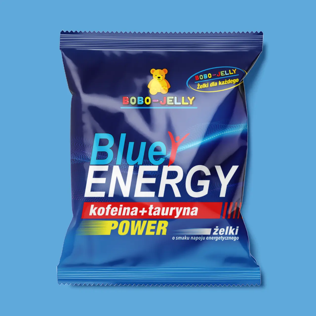 Wizualizacja 3D i projekt etykiety żelek energetycznych Blue Energy. Przykład profesjonalnego designu opakowania komercyjnego autorstwa MW Studio Projekt – połączenie estetyki produktów typu lifestyle z funkcjonalnym przekazem marketingowym.