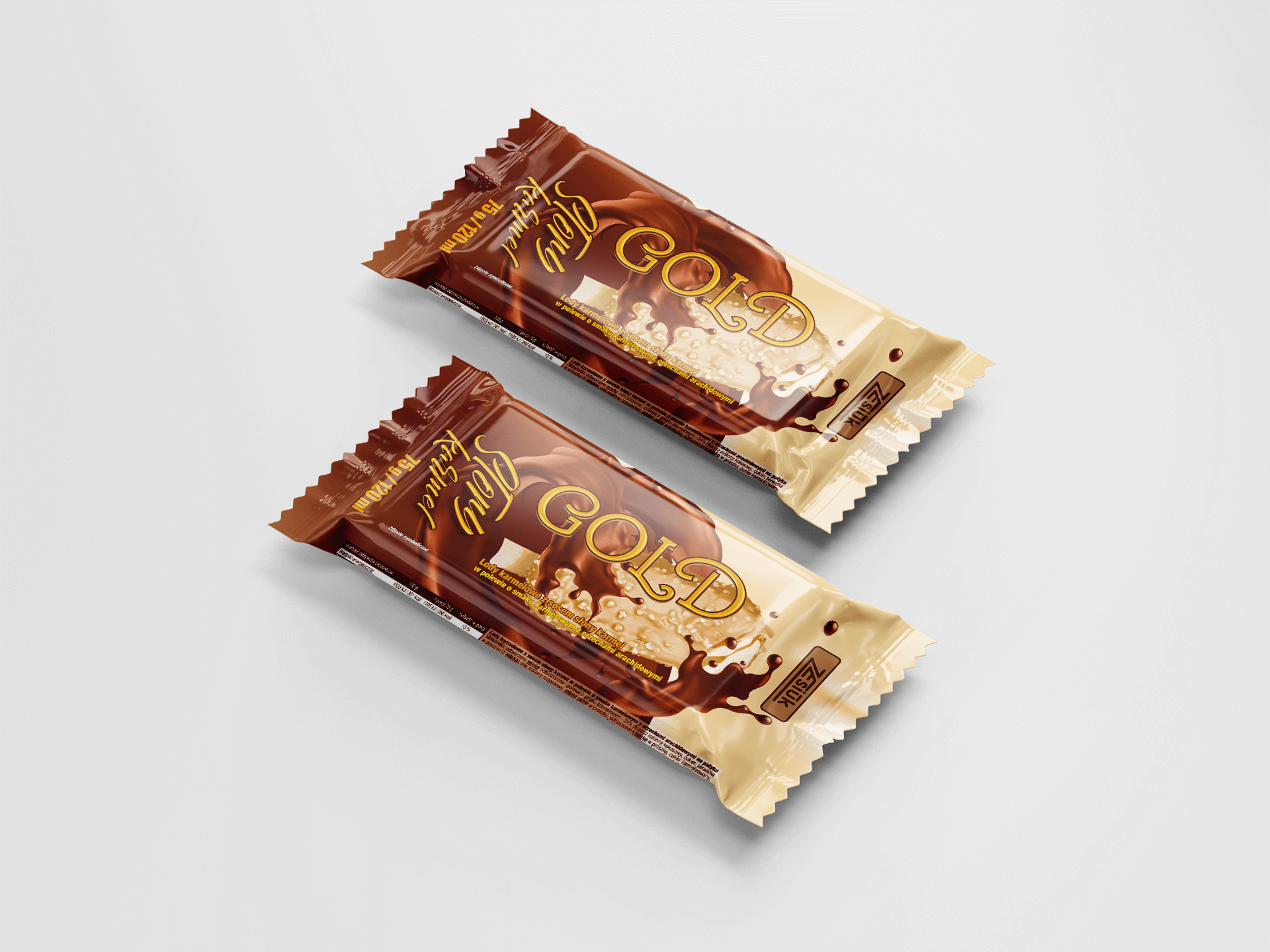 Projekt opakowania lodów premium w polewie czekoladowej – elegancki design flow-pack z wykorzystaniem złotej typografii od MW Studio Projekt.