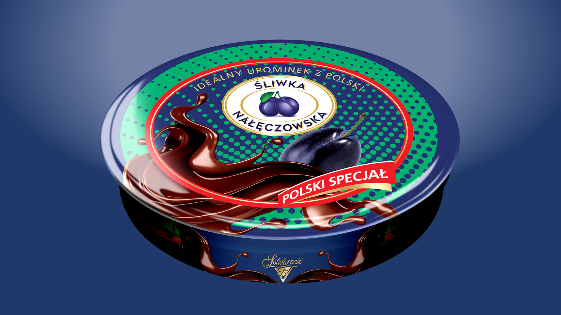 Projekt graficzny metalowego opakowania na słodycze premium – nowoczesny design puszki z dynamicznym motywem czekolady od MW Studio Projekt.