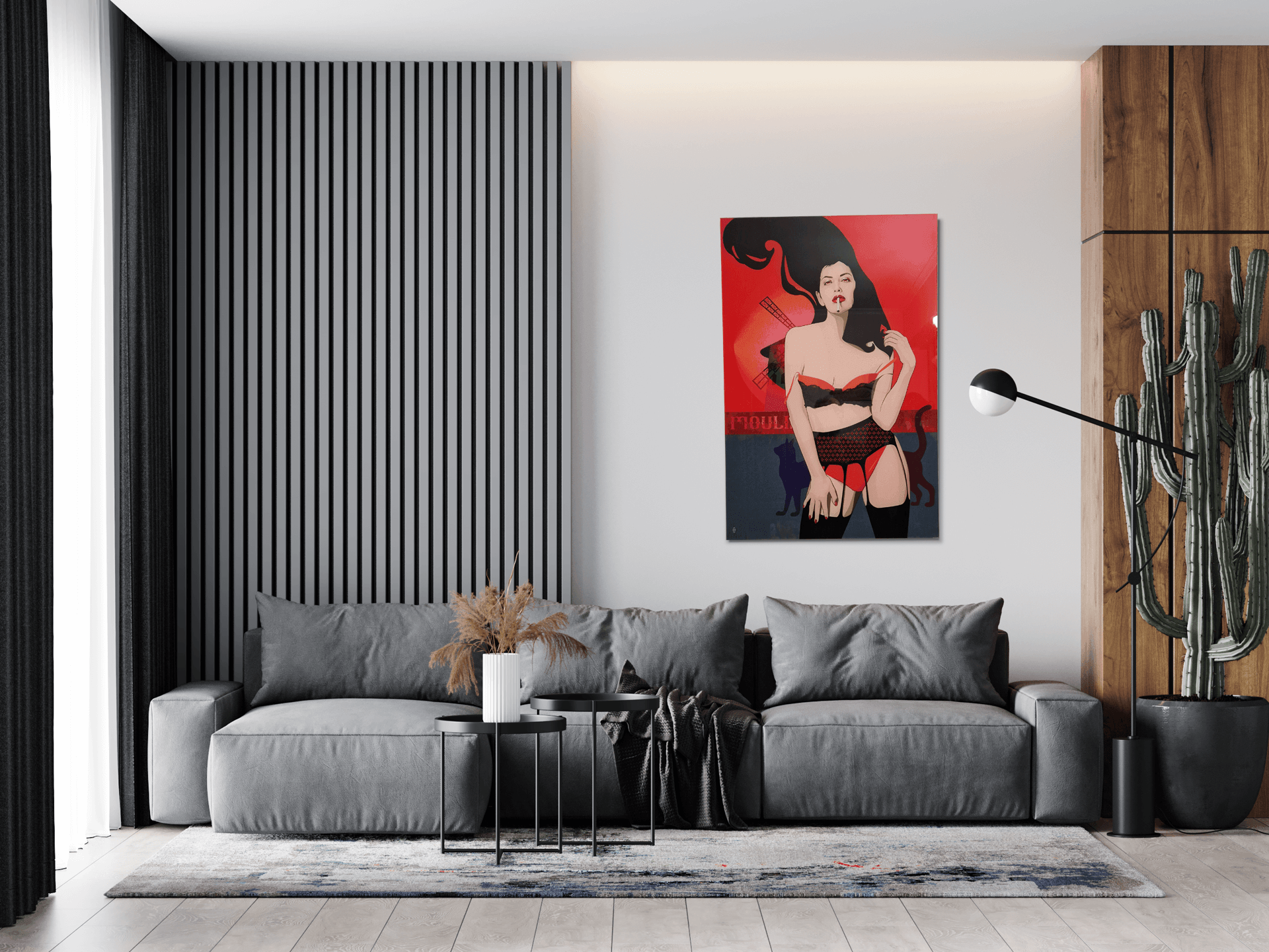 Nowoczesny salon z wielkoformatową grafiką na szkle Marty Wróblewskiej nad szarą kanapą. Artystyczny obraz na szkle w luksusowej aranżacji z lamelami i drewnem od MW Studio Projekt.