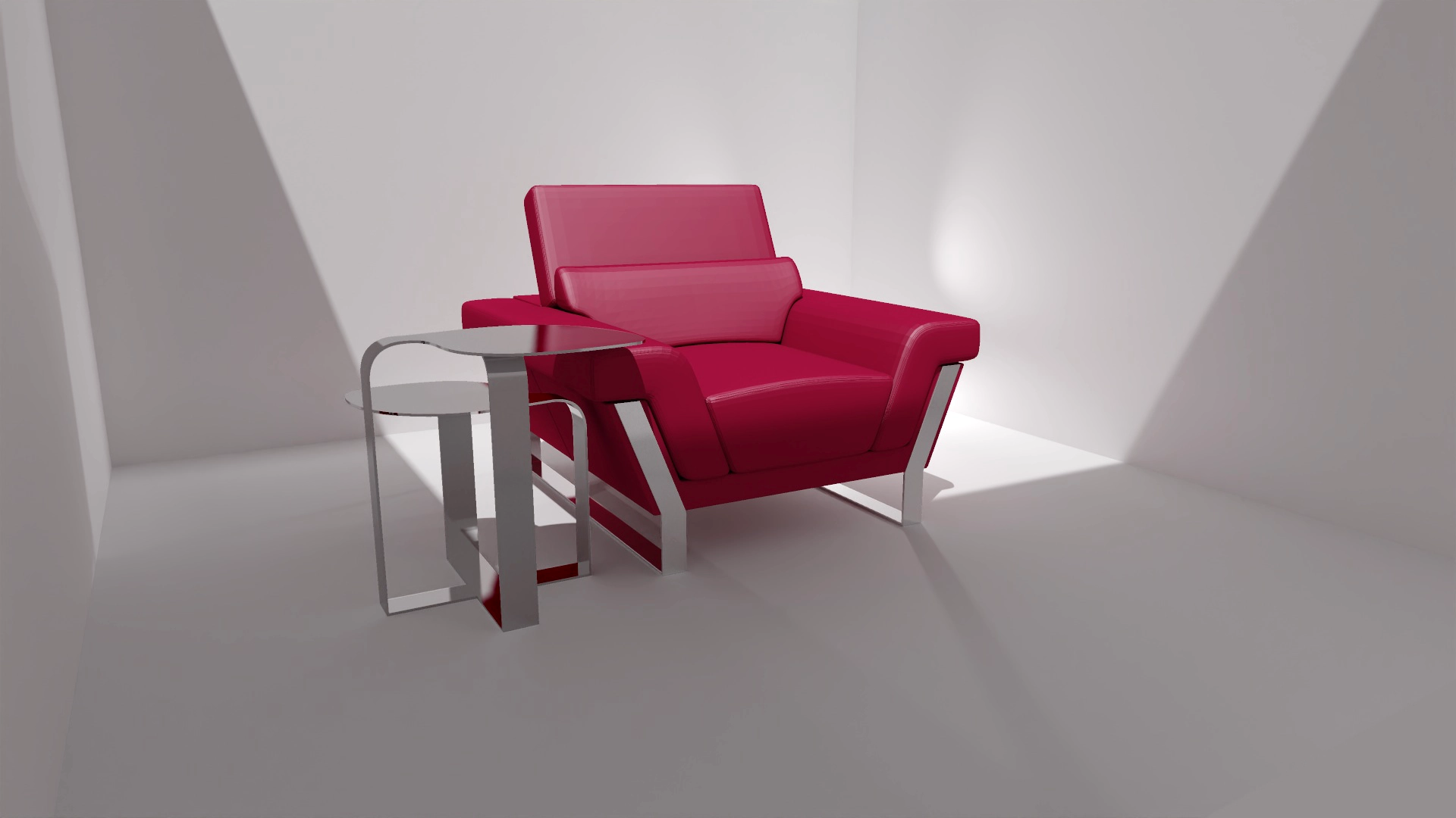 Designerski stolik pomocniczy "Natura" projektu Marty Wróblewskiej w aranżacji z nowoczesnym czerwonym fotelem. Minimalistyczna forma stalowa i sztuka użytkowa MW Studio Projekt.