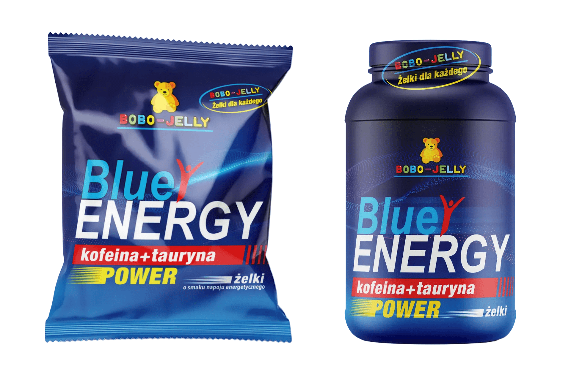 Wizualizacja 3D ekosystemu opakowań Bobo-Jelly Blue Energy – projekt torebki flow-pack oraz nowoczesnego słoika na biurko