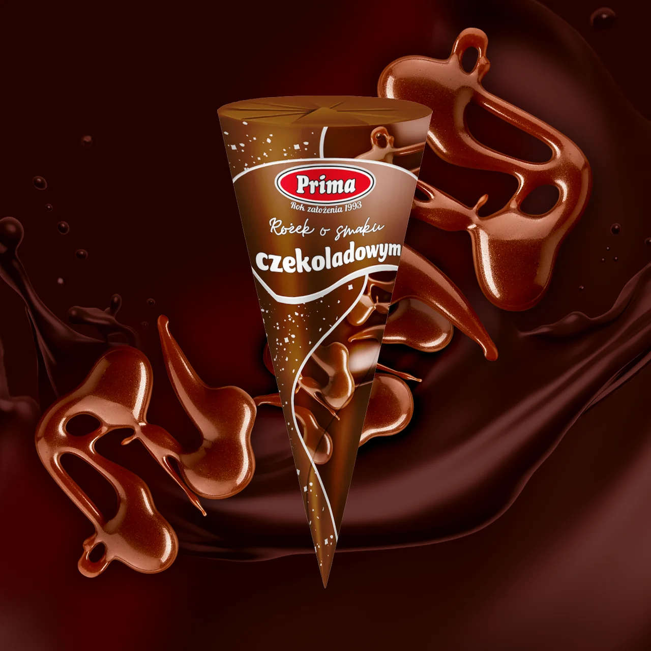 Projekt serii opakowań na lody rożki Prima, dynamiczny key visual linii produktów FMCG z motywem płynnej czekolady.