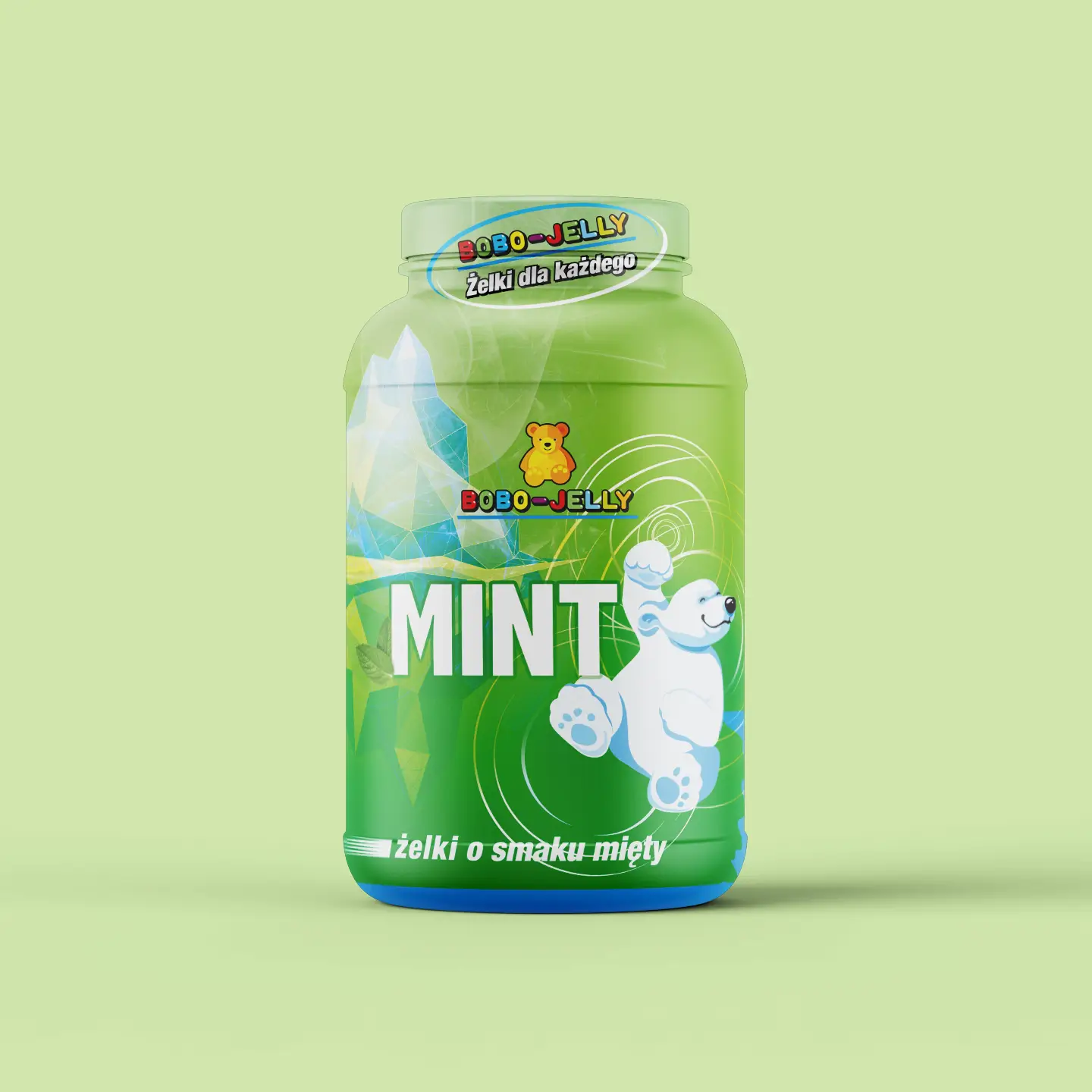 Projektowanie opakowań seryjnych dla linii Bobo-Jelly, wizualizacja 3D słoika żelków Mint z ilustracją niedźwiedzia polarnego.