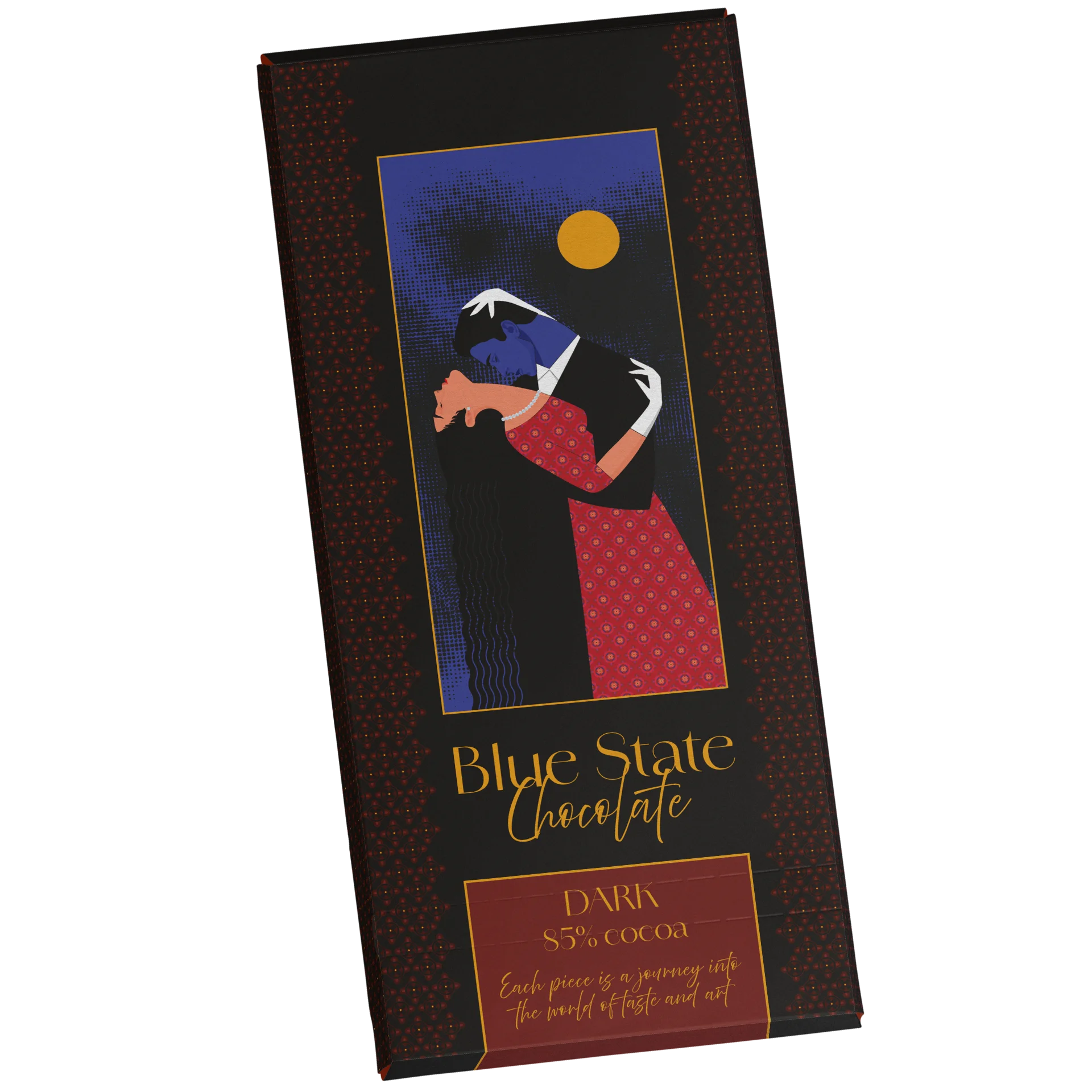 Projekt graficzny opakowania czekolady premium Blue State Chocolate z autorską ilustracją artystyczną.