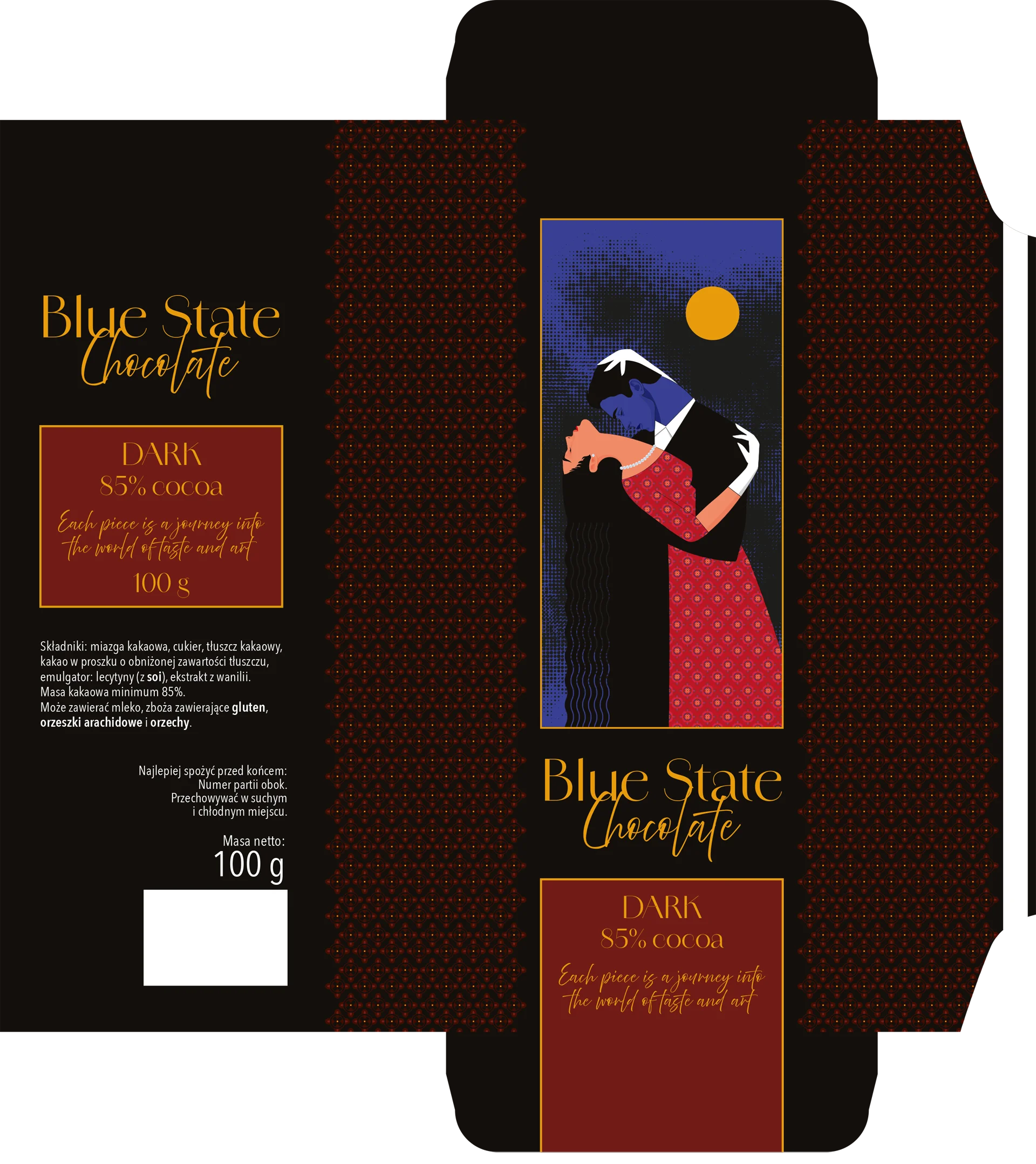 Rozkład techniczny, siatka i wykrojnik kartonowego opakowania czekolady Blue State Chocolate – przygotowanie pliku do druku DTP.