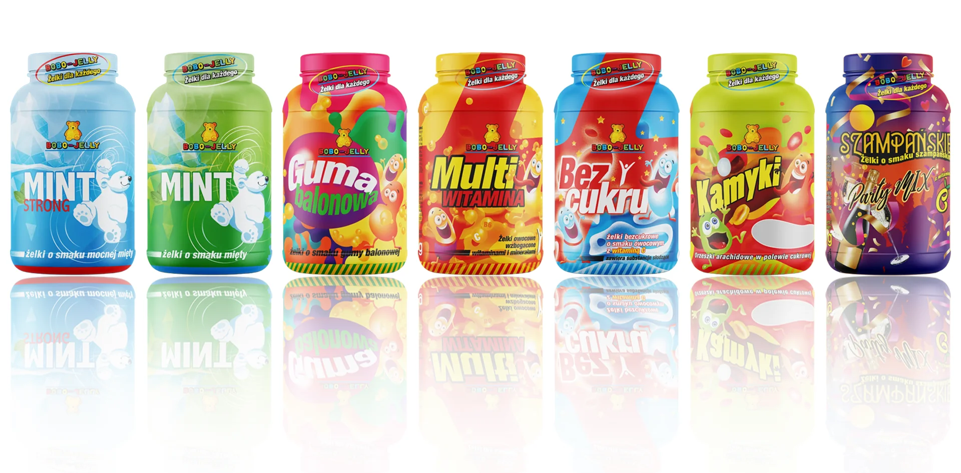 Profesjonalne projektowanie opakowań seryjnych na przykładzie linii 7 słoików Bobo-Jelly, makieta 3D całej serii produktów FMCG.