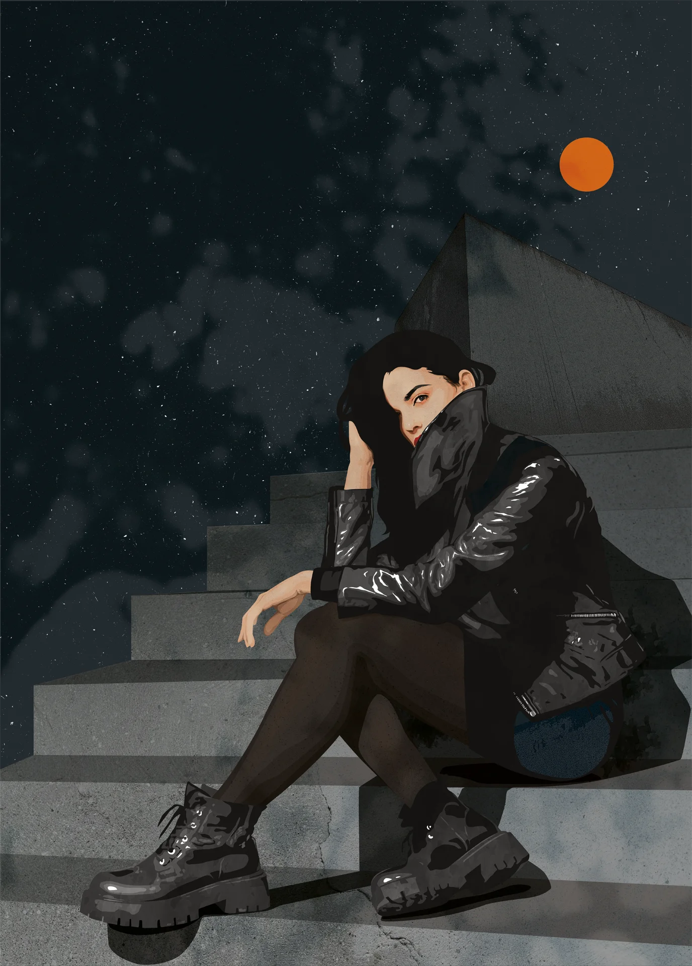 Autorska ilustracja malarska przedstawiająca tajemniczą i silną bohaterkę na tle surowych schodów i nocnego nieba – realizacja MW Studio Projekt.