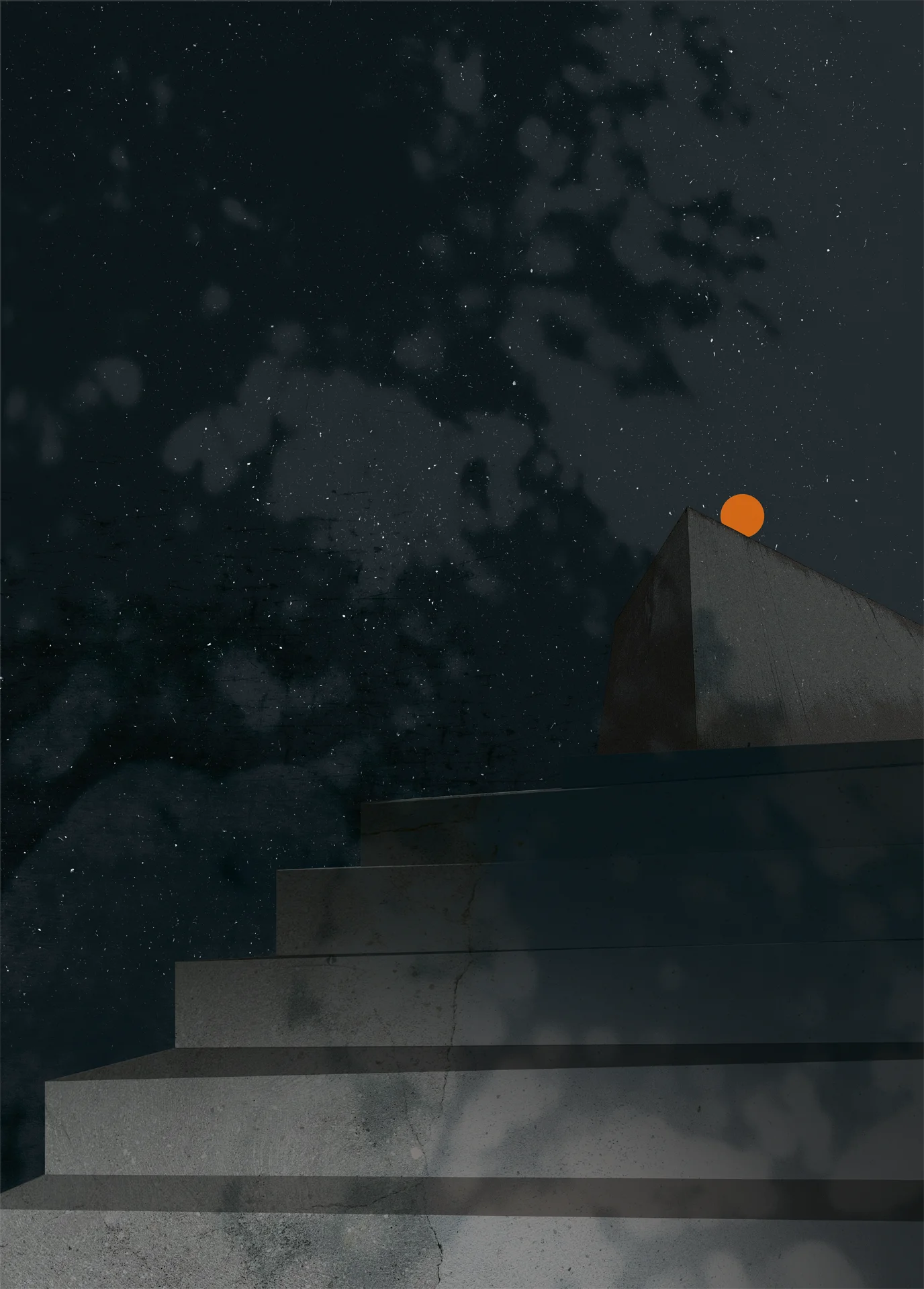 Autorska ilustracja przedstawiająca surową geometrię betonowych schodów na tle nocnego nieba z pomarańczowym księżycem – MW Studio Projekt.