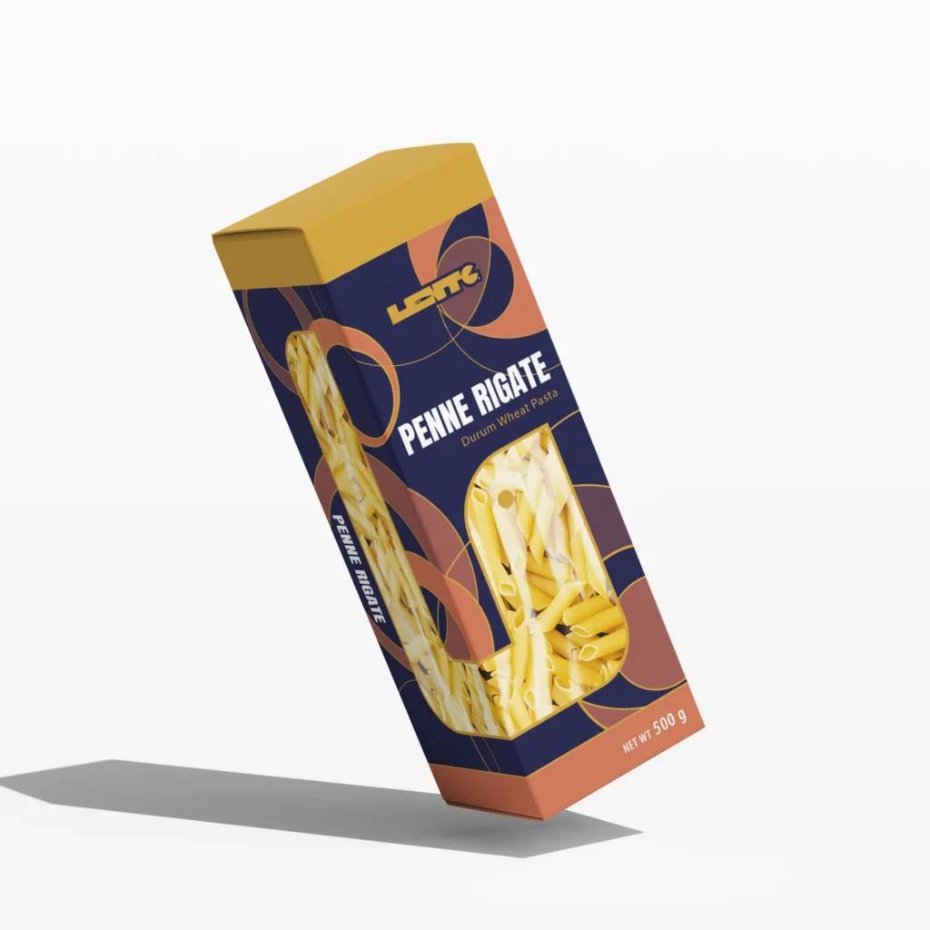 Projekt graficzny pojedynczego opakowania makaronu Penne Rigate z geometrycznym wycięciem na białym tle – MW Studio Projekt