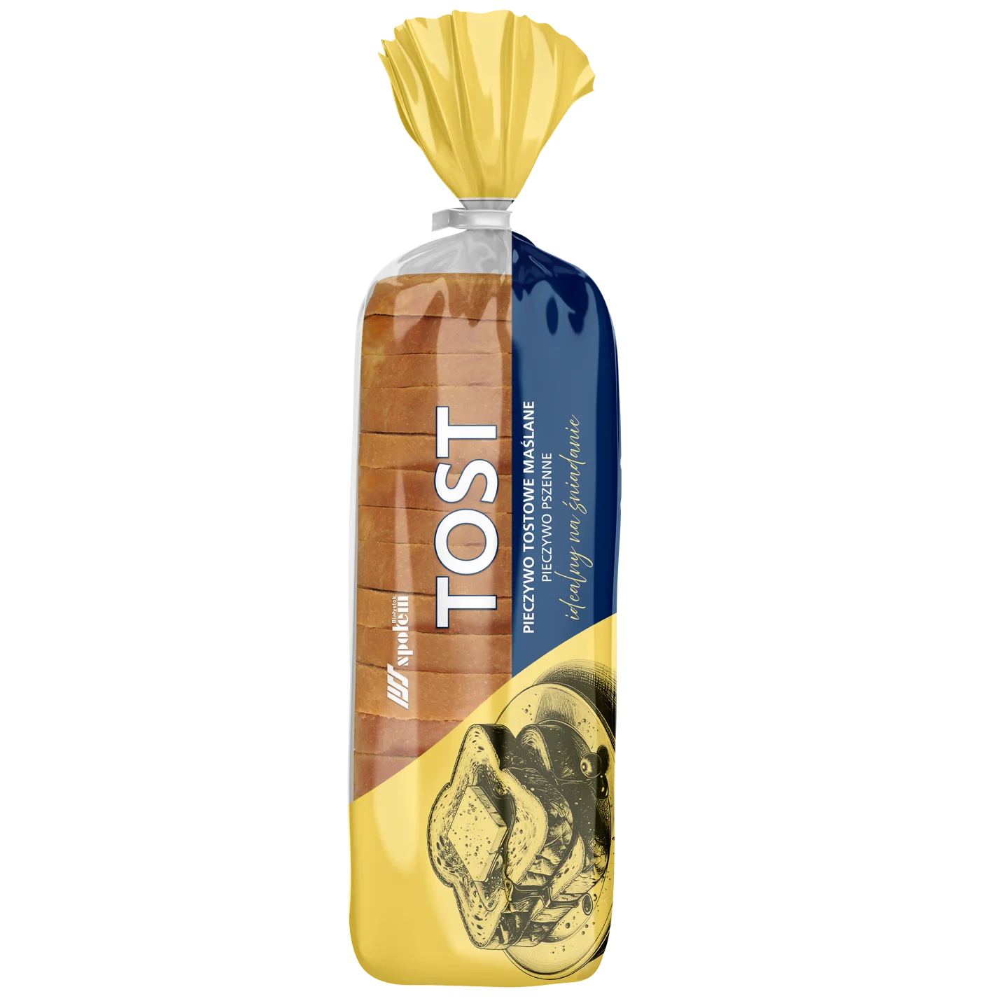 Pionowy packshot opakowania chleba tostowego maślanego na białym tle – wdrożenie produktu i packaging design MW Studio Projekt.