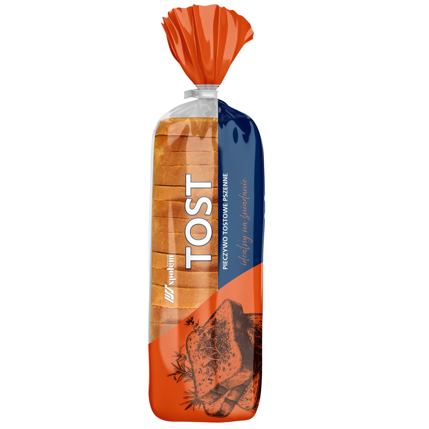 Pionowy packshot opakowania chleba tostowego pszennego na białym tle – wdrożenie produktu i packaging design MW Studio Projekt.