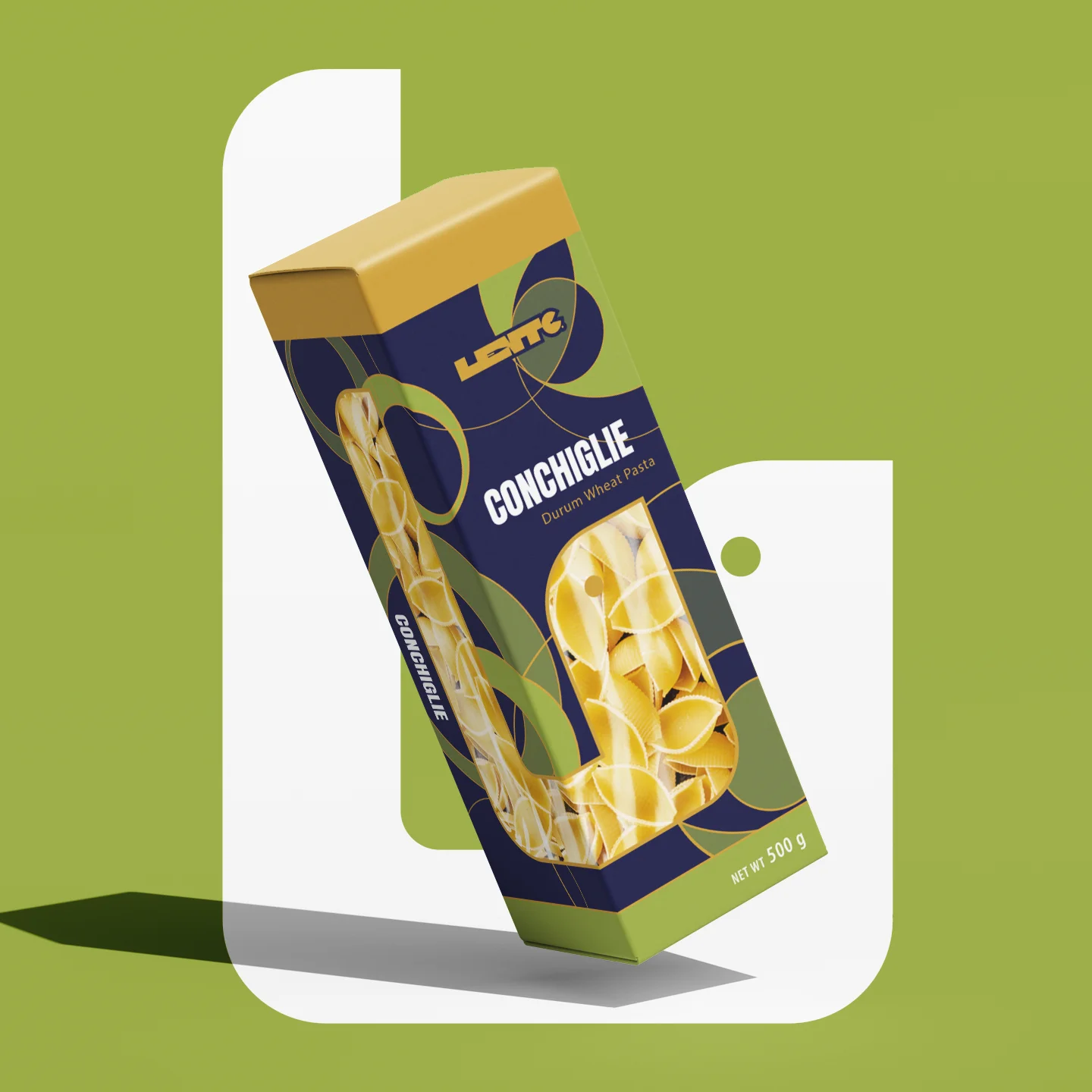 Projekt opakowania makaronu Conchiglie z nowoczesnym okienkiem na zielonym tle z białym elementem graficznym – MW Studio Projekt.