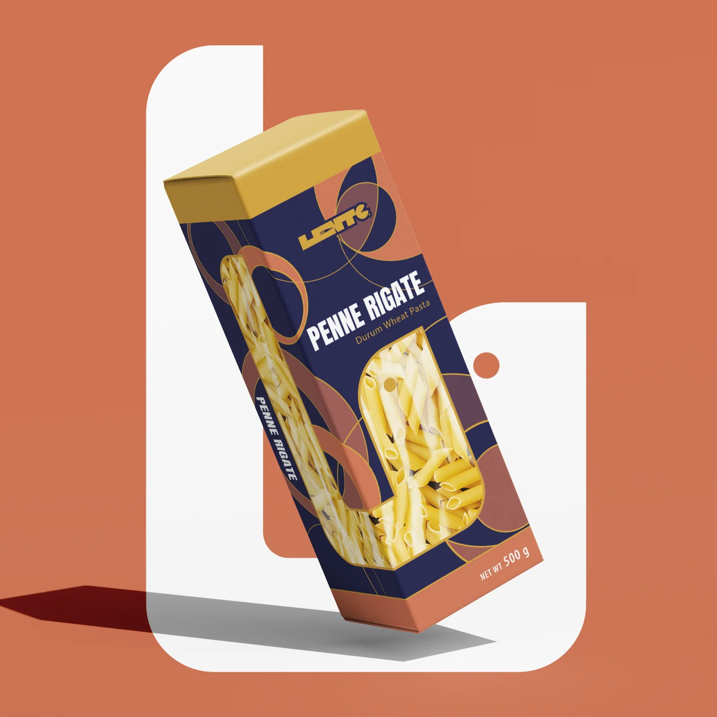• Perspektywiczny render pojedynczego pudełka makaronu penne na tle koncepcyjnej grafiki – projektowanie opakowań produktowych.