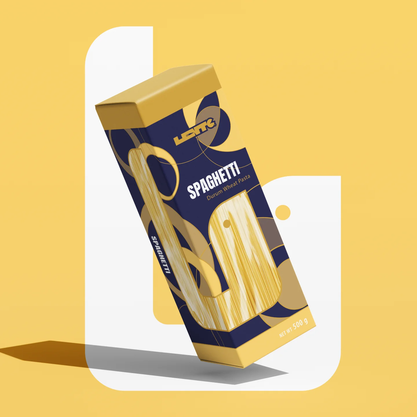 Projekt opakowania makaronu Spaghetti z nowoczesnym okienkiem na żółtym tle z białym elementem graficznym – MW Studio Projekt.